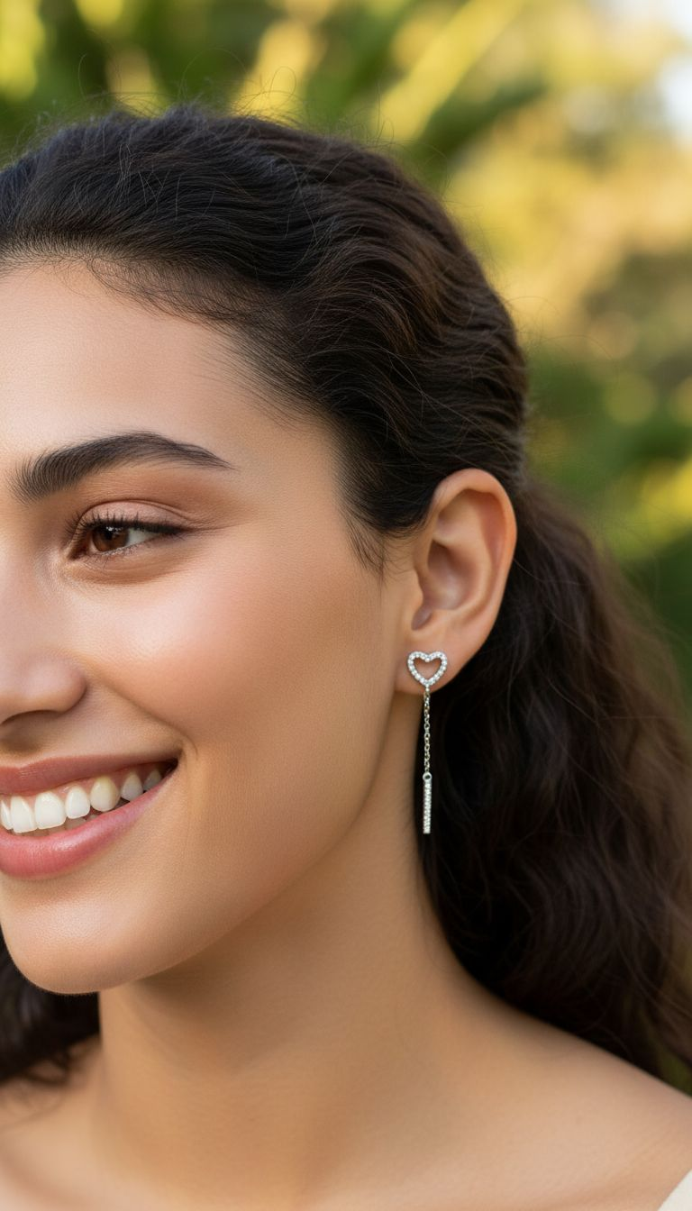 SILVER HEART AND DANGING BAR EARRINGS