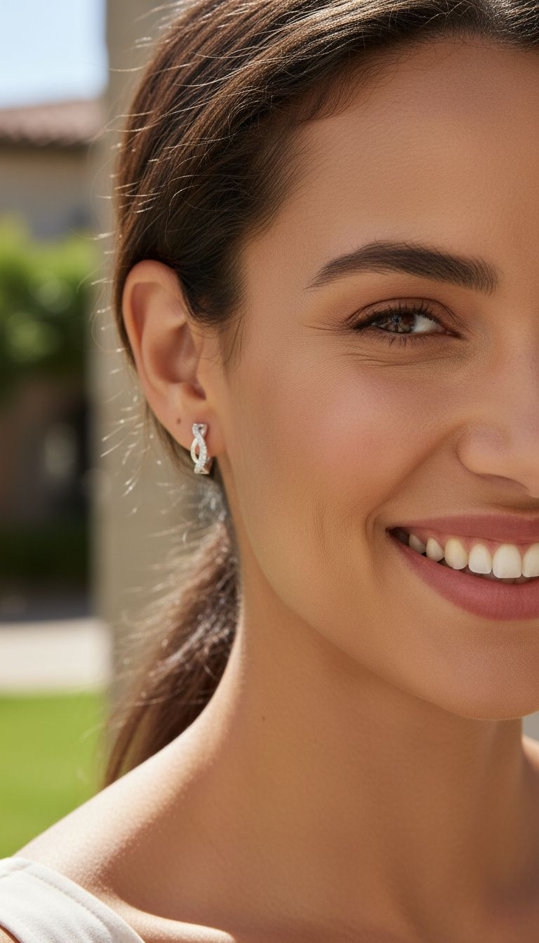 Silver hoop earrings set with stones, 1.4 cm