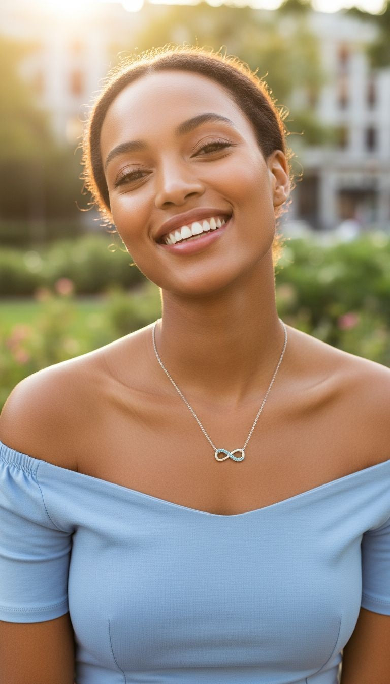 ZILVEREN KETTING MET INFINITY-MOTIEF EN LICHTBLAUW STENEN