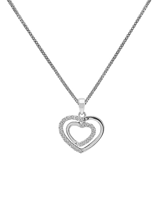 Silver necklace double heart pendant with stones