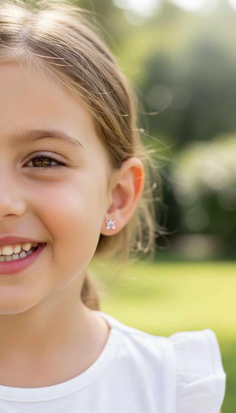 Children's silver butterfly earrings with pink stones