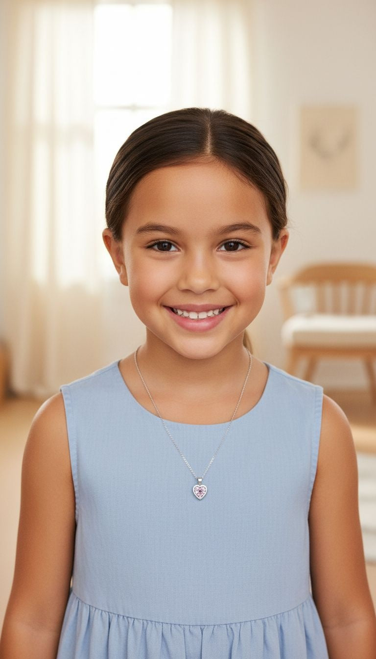 COLLIER EN ARGENT PENDENTIF COEUR AVEC PIERRES ROSES ET BLANCHES