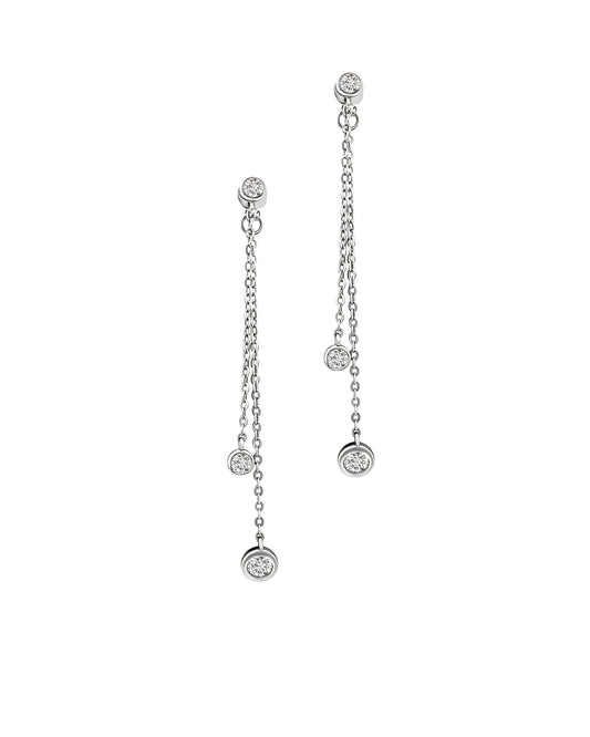 Zilveren oorbellen met 2 hangende kettingen en een solitaire ring