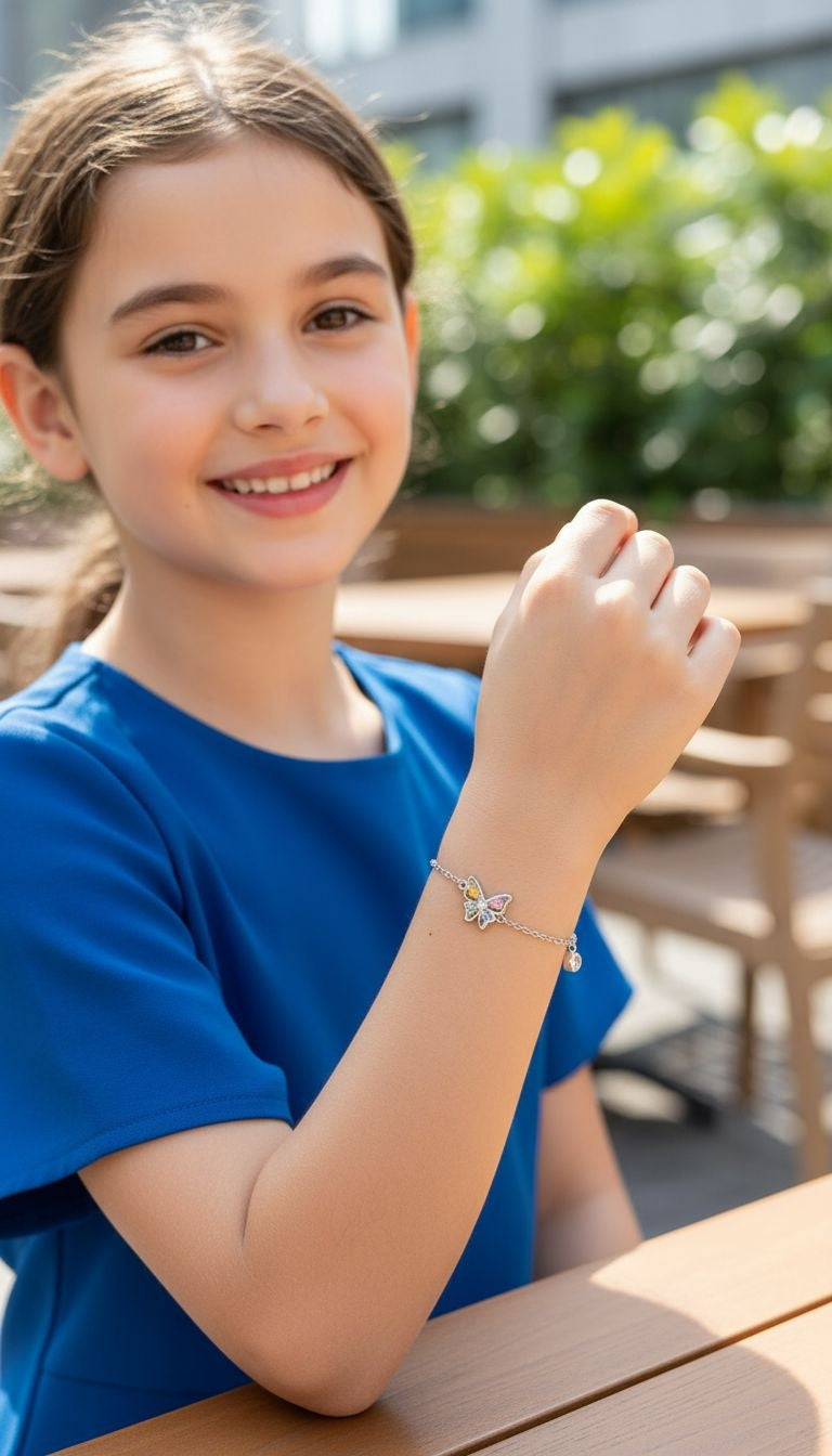 ZILVEREN ARMBAND MET VEELKLEURIGE VLINDER EN SOLITAIRE HANGER