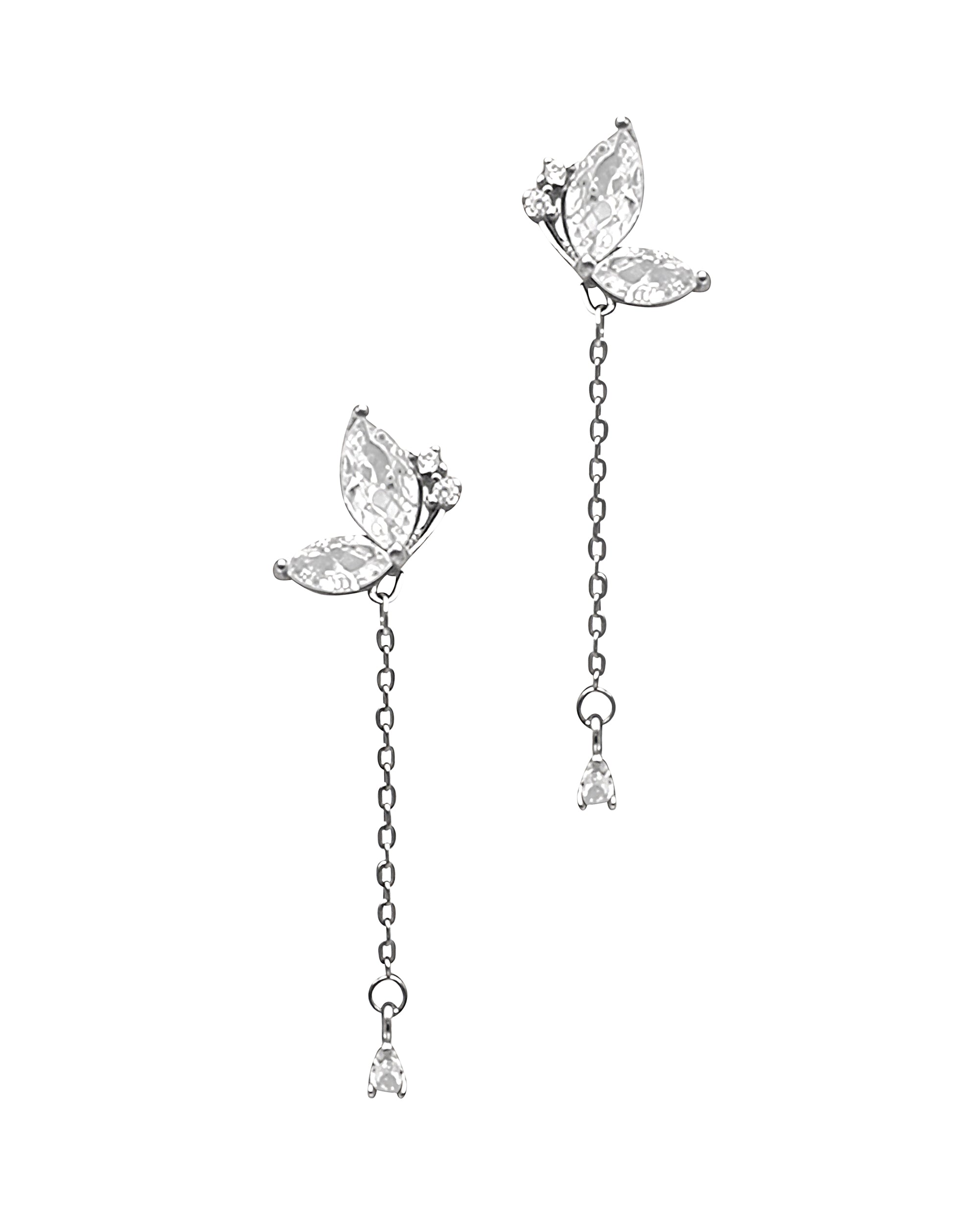 Dangling silver earrings with butterfly and stones