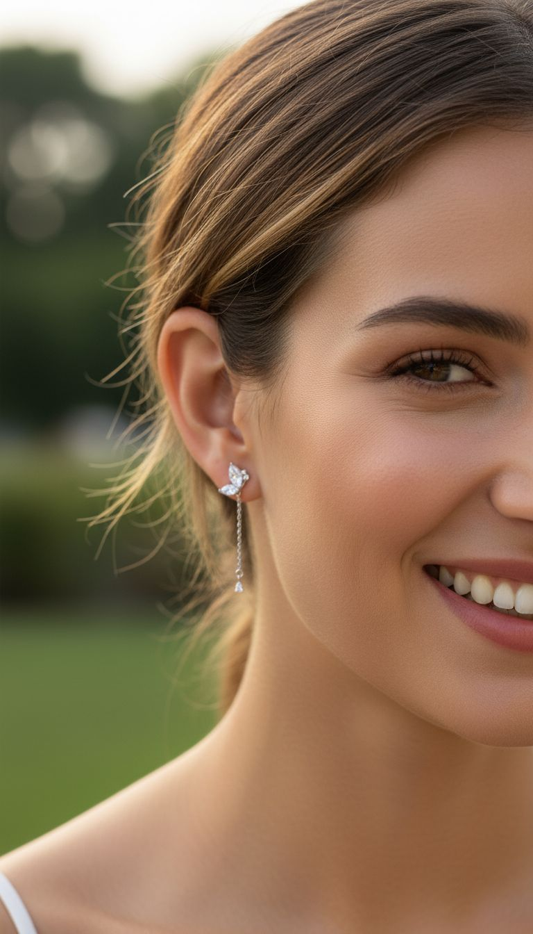 Dangling silver earrings with butterfly and stones