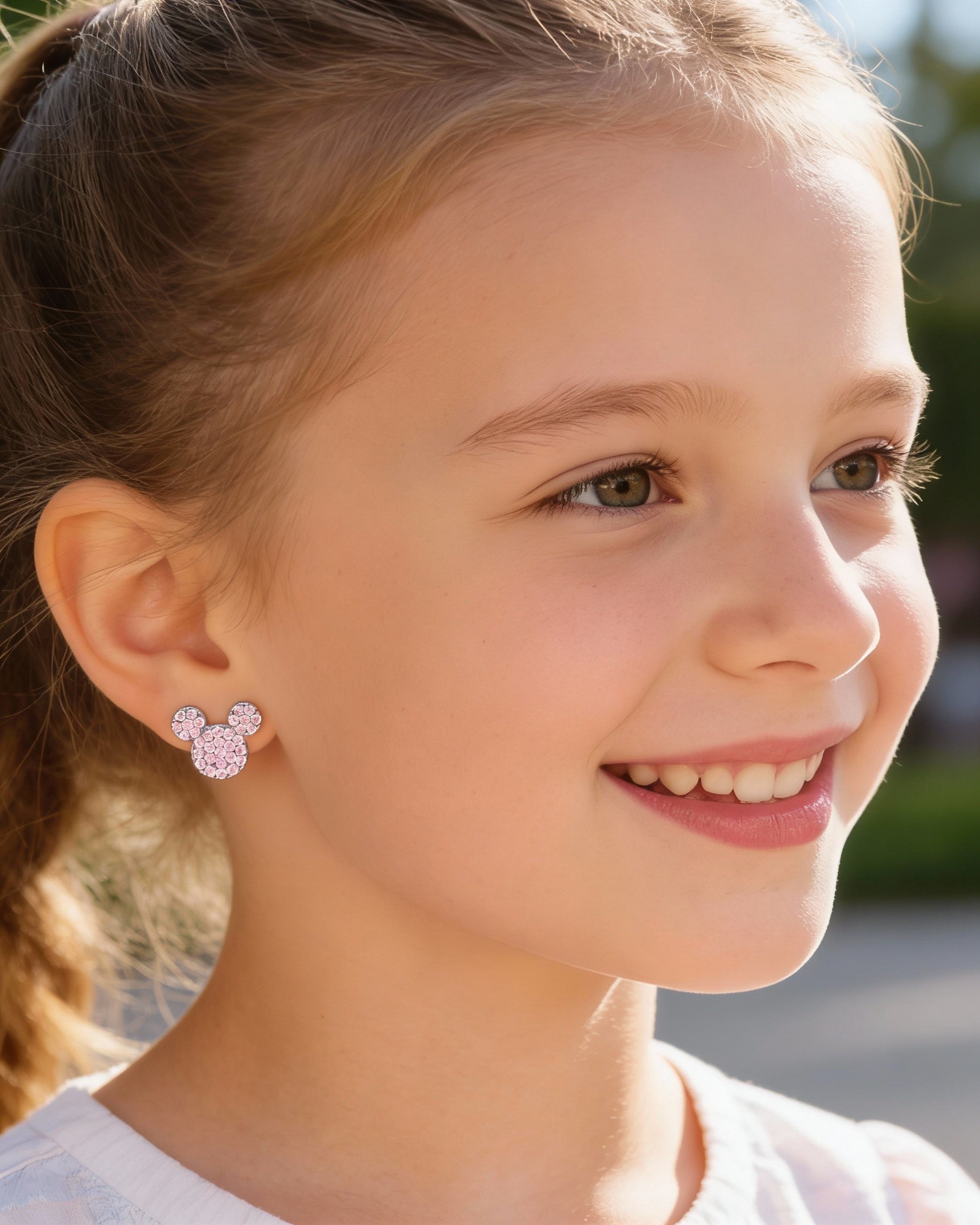 BOUCLES D'OREILLES EN ARGENT MICKEY MOUSE AVEC PIERRES ROSES