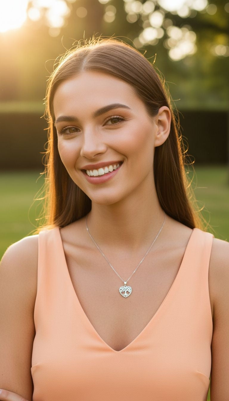 ZILVEREN KETTING MET HART HANGER, LEVENSBOOM EN STENEN