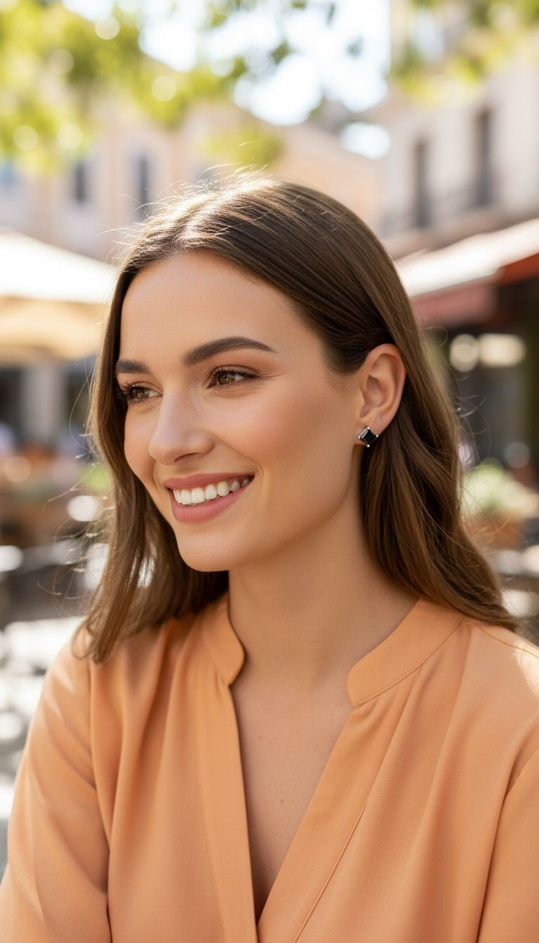 ZWARTE VIERKANTE SOLITAIRE ZILVEREN OORBELLEN