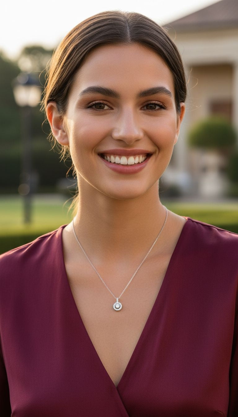 ZILVEREN KETTING MET EEN CIRKEL BEZET MET STENEN EN EEN SOLITAIRE ZILVEREN BEL