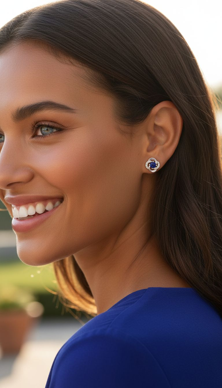 BOUCLES D'OREILLES EN ARGENT FLEUR AVEC PIERRES BLANCHES ET SOLITAIRE BLEU