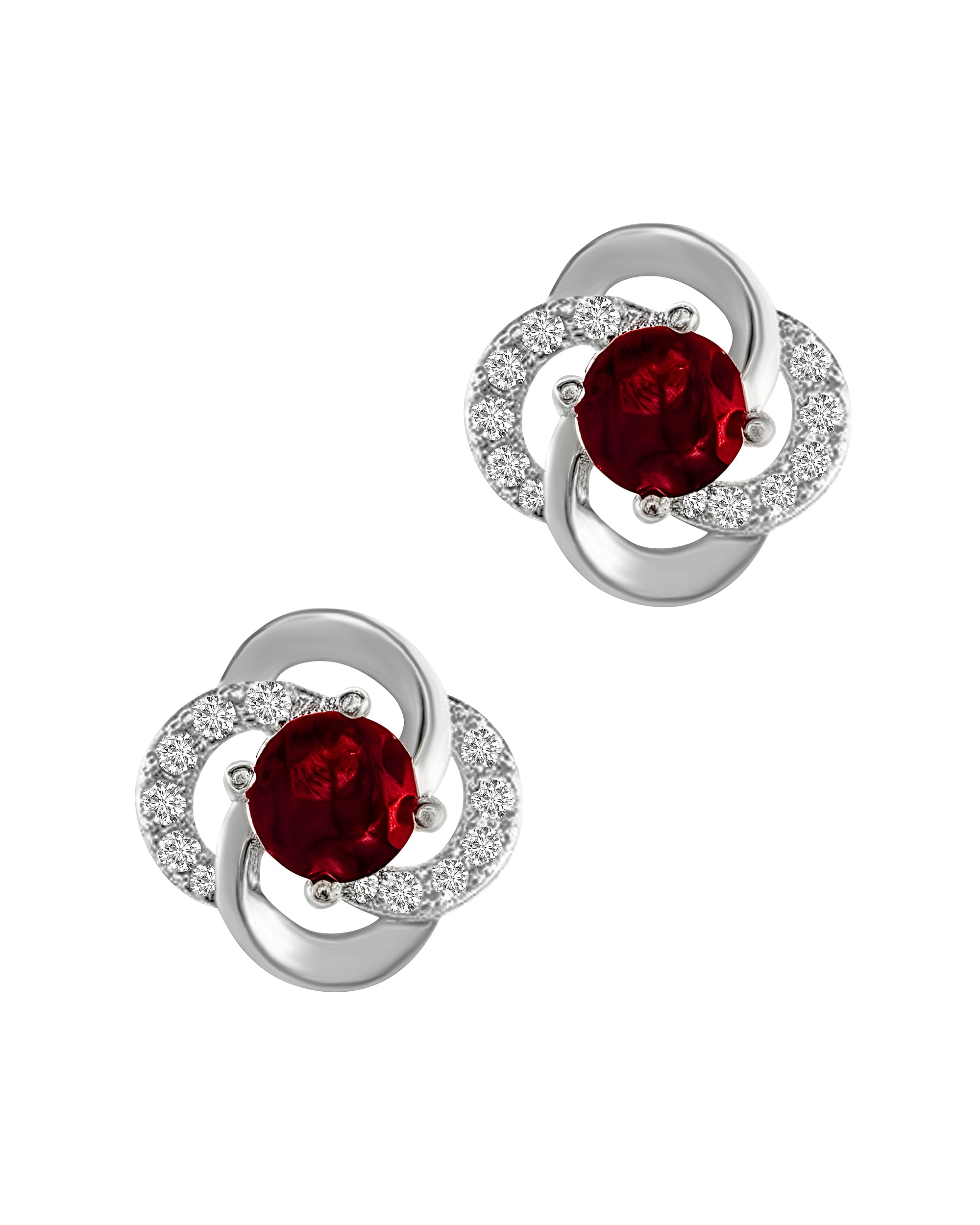 SILVER FLOWER EARRINGS WITH WHITE STONES AND A RUBY SOLITAIRE