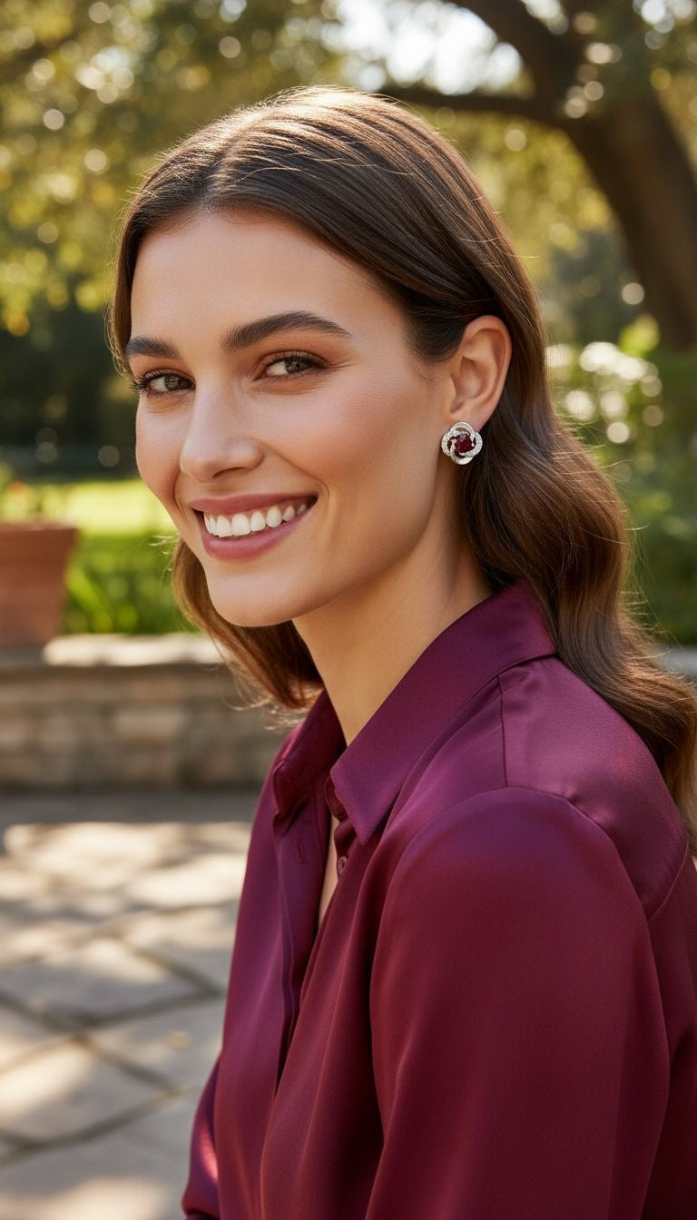 Zilveren bloemenoorbellen met witte stenen en rode solitaire