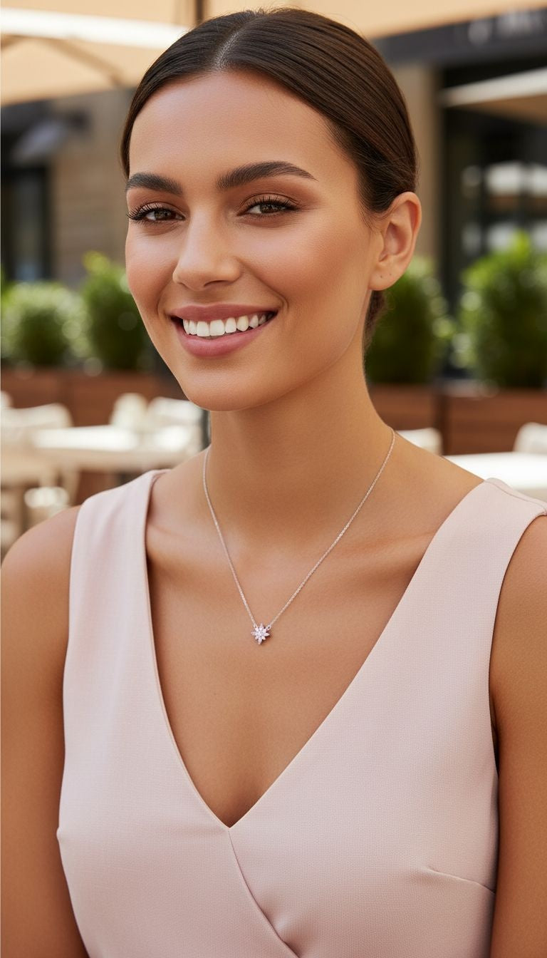 ZILVEREN KETTING MET BLOEMENMOTIEF, WITTE EN ROZE ZIRKONIUMS