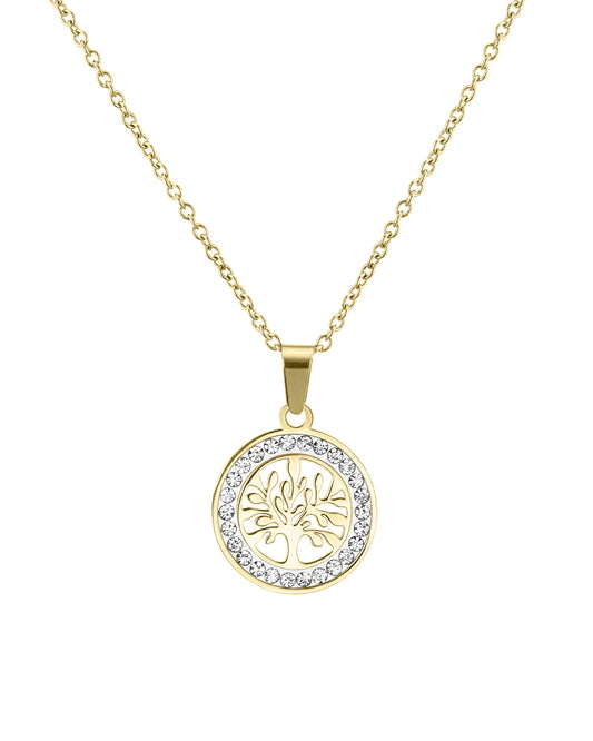 Collier en acier doré pendentif arbre de vie avec strass