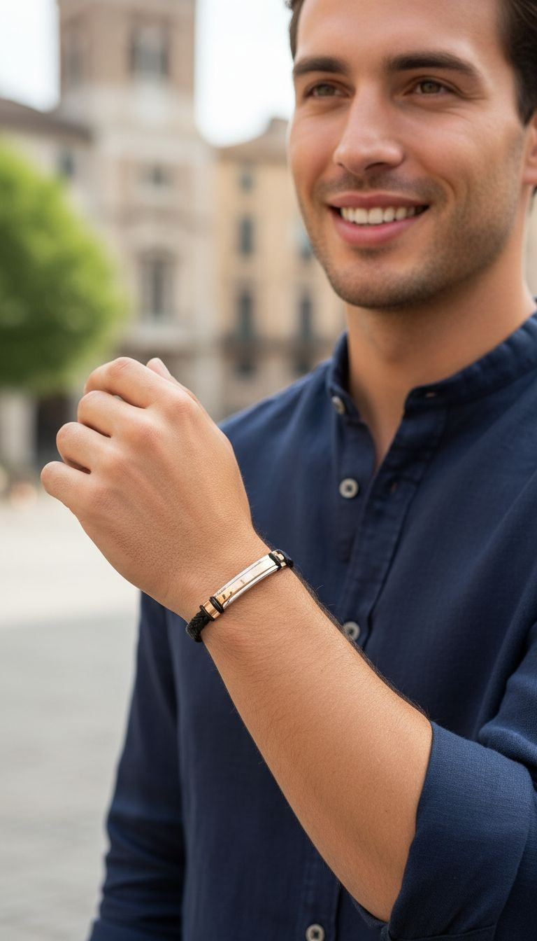 GEVLOCHTEN LEDEREN ARMBAND MET TWEEKLEURIGE PLAQUETTE