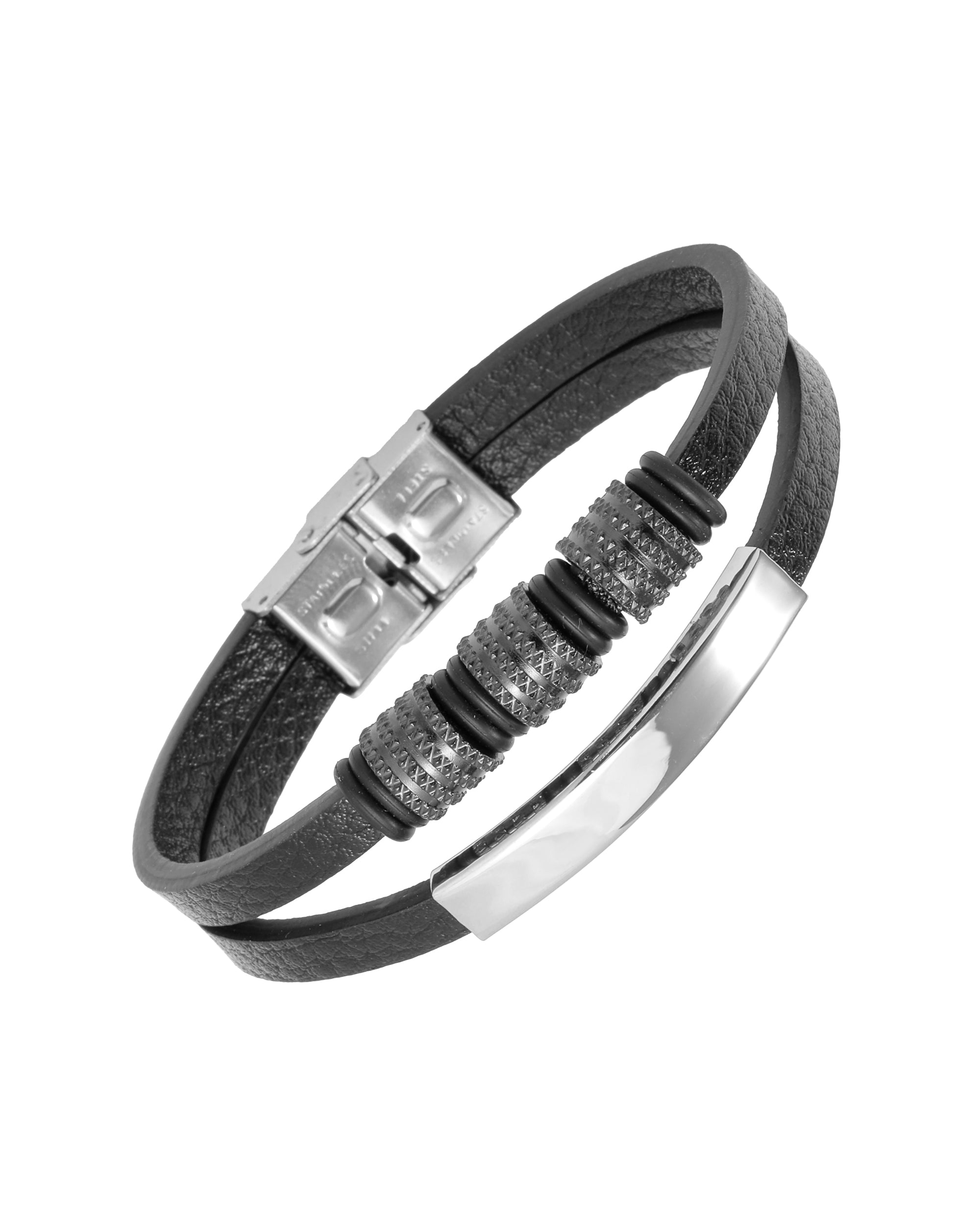 2-rijige zwarte leren riem met labelplaat en drievoudige cilinder