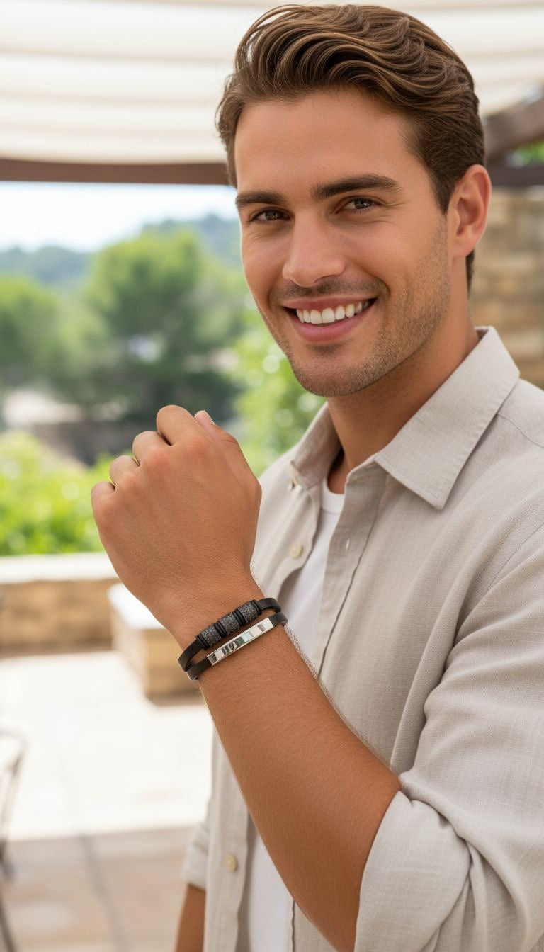 2-rijige zwarte leren riem met labelplaat en drievoudige cilinder