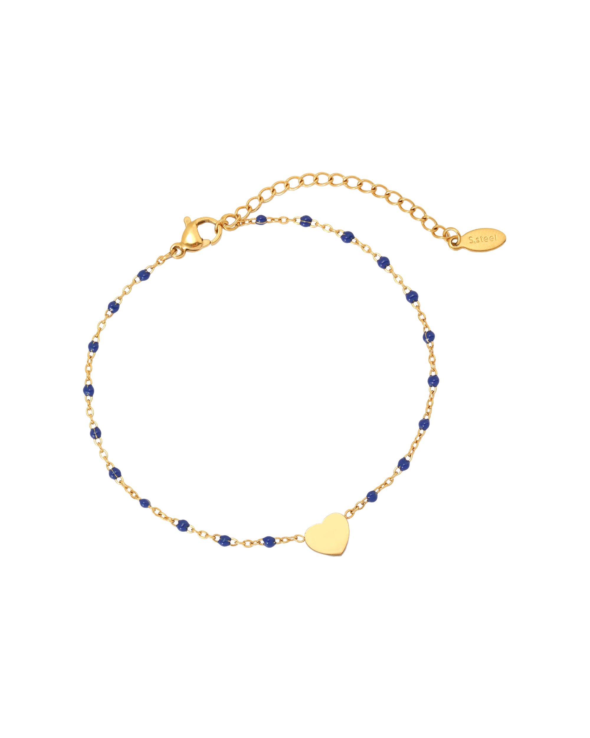 Bracelet en acier doré avec billes bleues et coeur