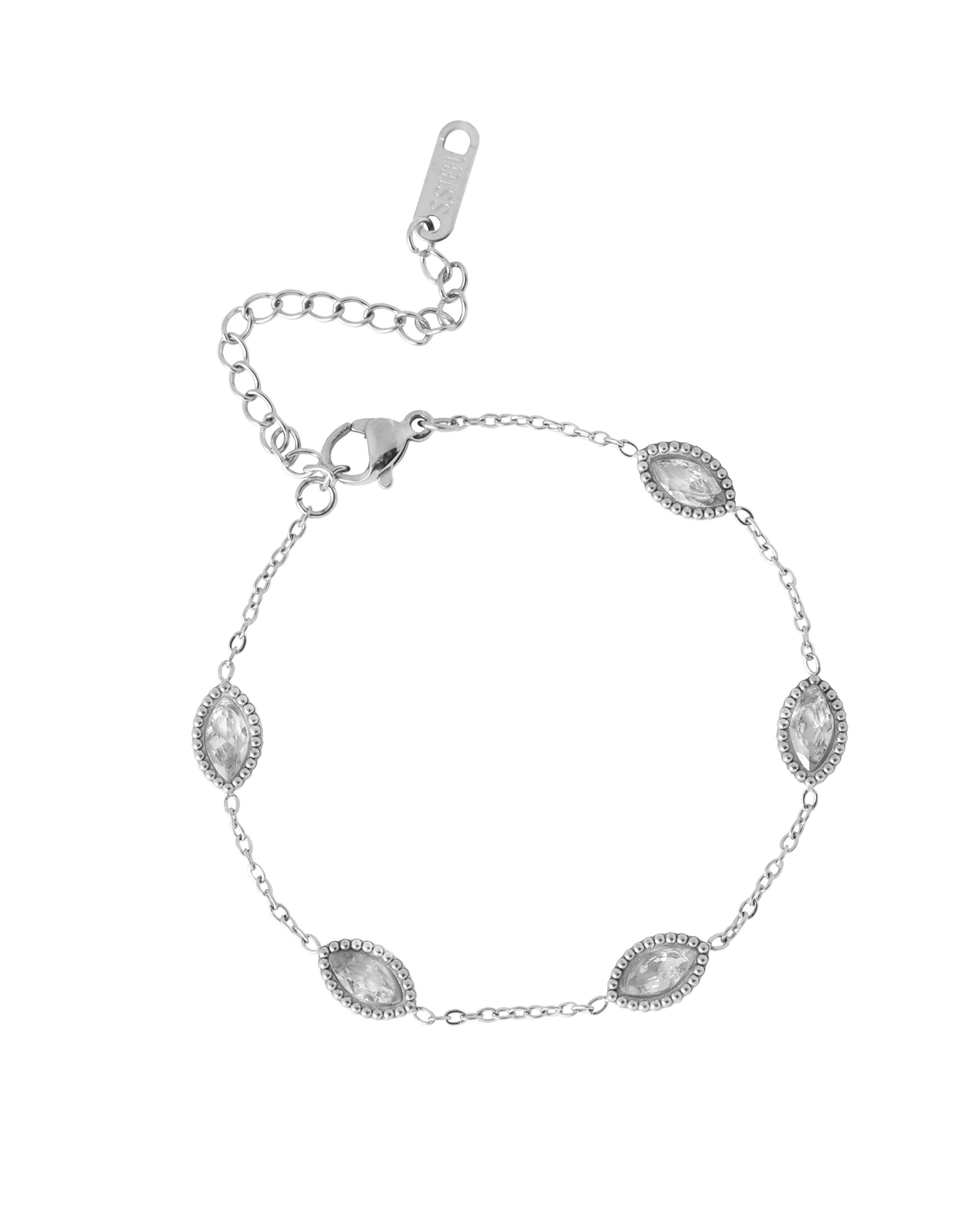 BRACELET EN ACIER AVEC OVALES MARTELES ET PIERRES BLANCHES