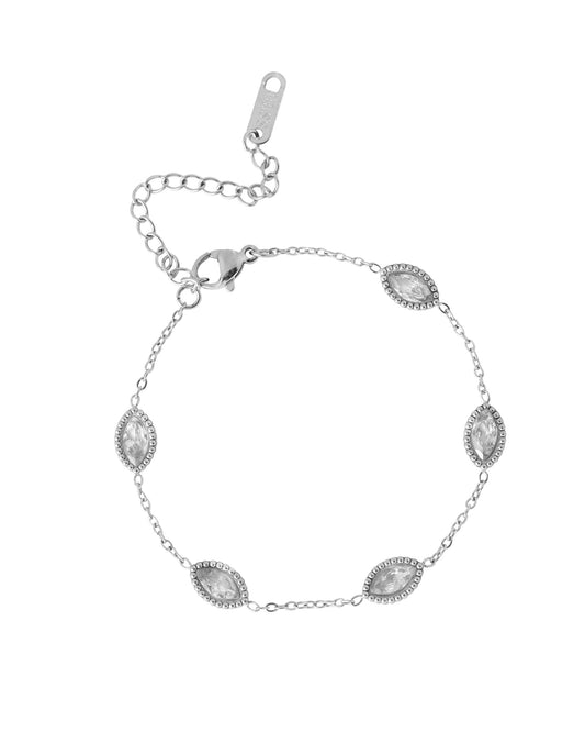 Bracelet en acier avec ovales martelés et pierres blanches