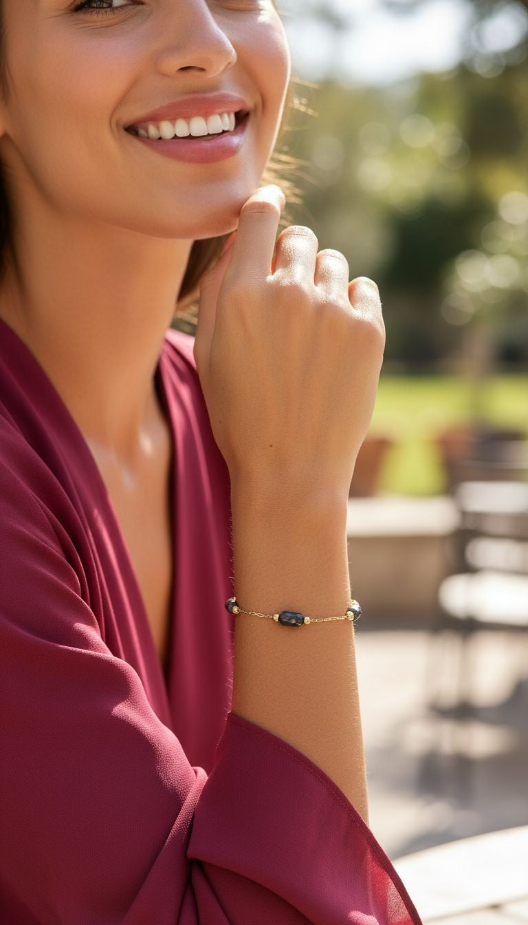 VERGULDE STALEN ARMBAND MET ZWARTE CILINDER