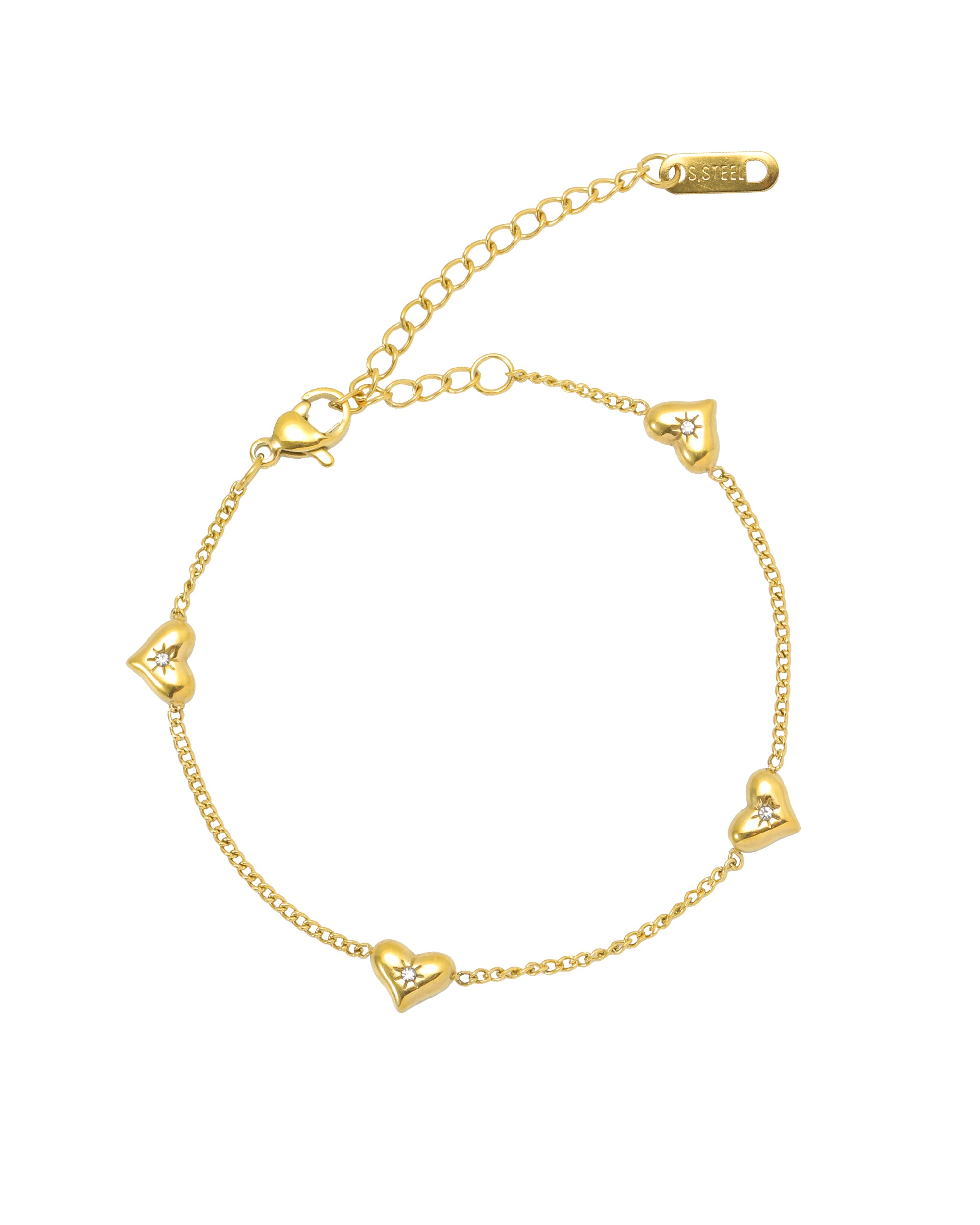 VERGULDE STALEN ARMBAND MET 5 GEBOGEN HARTJES EN EEN CENTRALE STRASS-STEENTJE