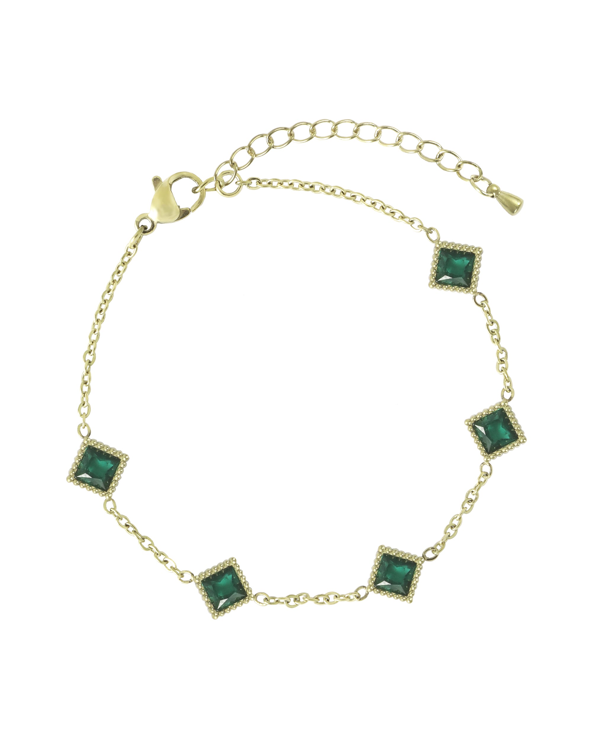 BRACELET EN ACIER DORÉ MOTIF CARRÉ STRILLÉ AVEC ZIRCONIUM EMERAUDE