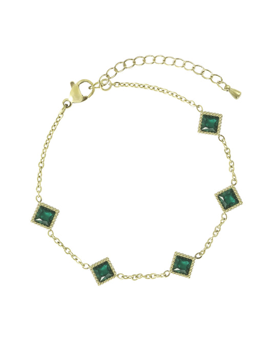 Bracelet en acier doré motif carré strié avec zirconium émeraude