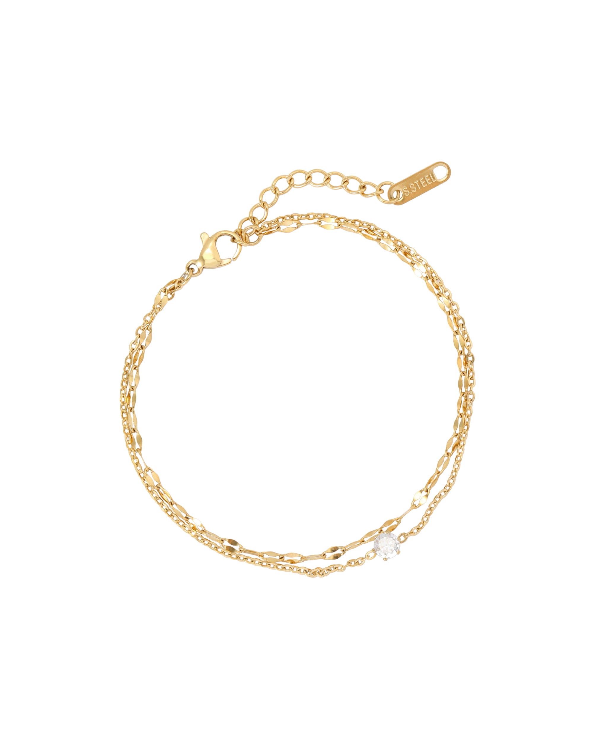 Bracelet en acier doré double maille avec solitaire