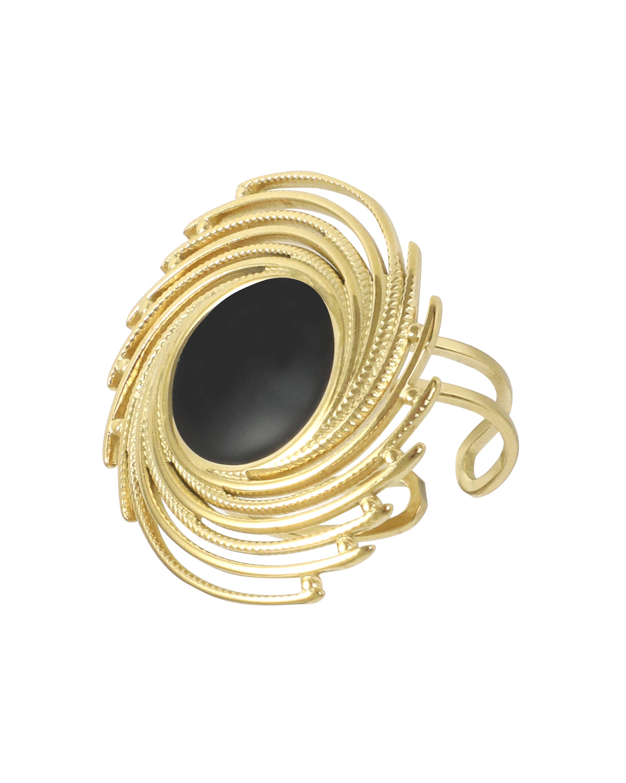 BAGUE EN ACIER DORE SPIRALE AVEC CENTRE ONYX