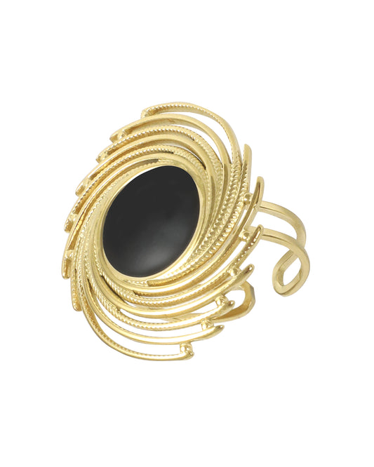 Bague en acier doré spirale avec centre onyx