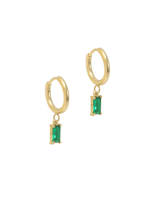 Créoles en acier doré pendentif rectangle émeraude