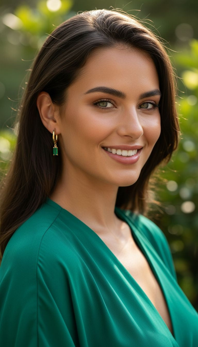 VERGULDE STALEN CREOOLS MET RECHTHOEKIGE HANGER MET SMARAGD