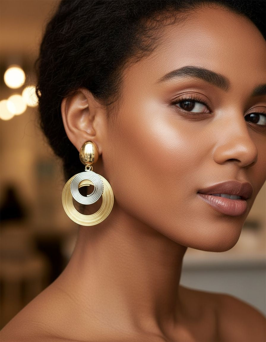 BOUCLES D'OREILLES EN ACIER DORE AVEC MULTI CERCLES BICOLORE