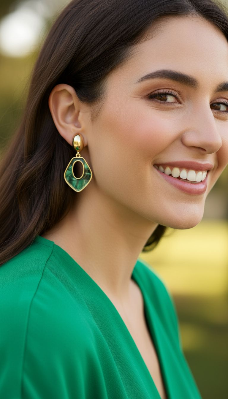 BOUCLES D'OREILLES EN ACIER DORE LOSANGE NACRE COULEUR EMERAUDE