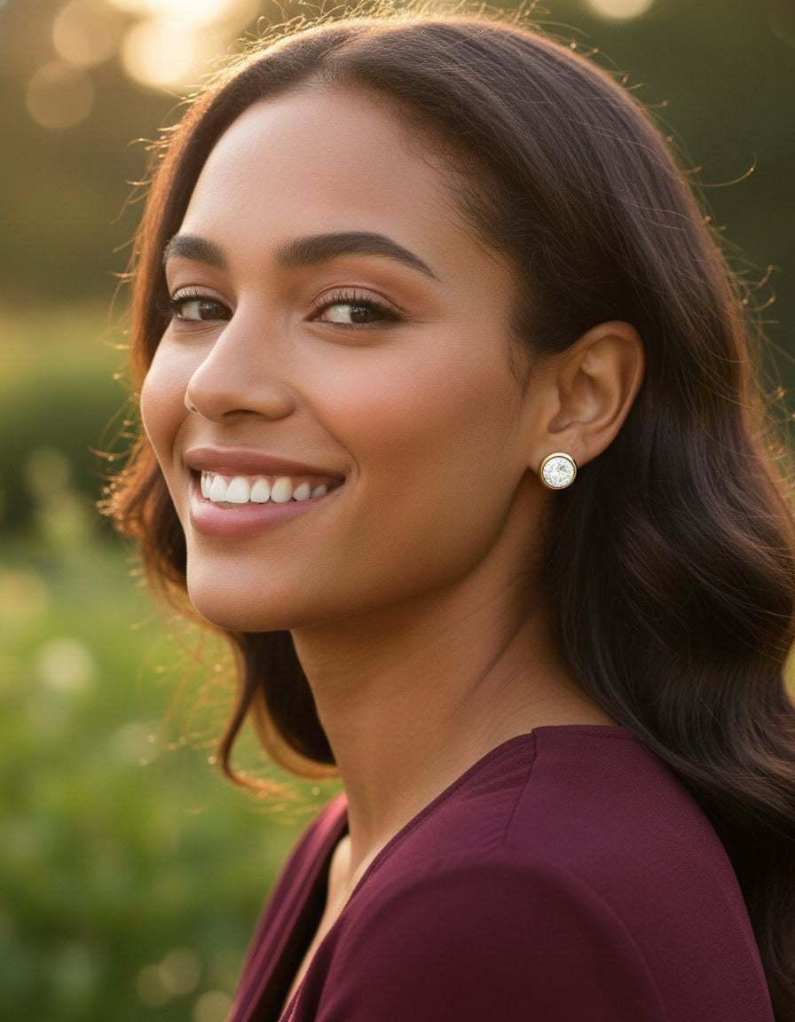 BOUCLES D'OREILLES EN ACIER DORE AVEC SOLITAIRE BOMBE