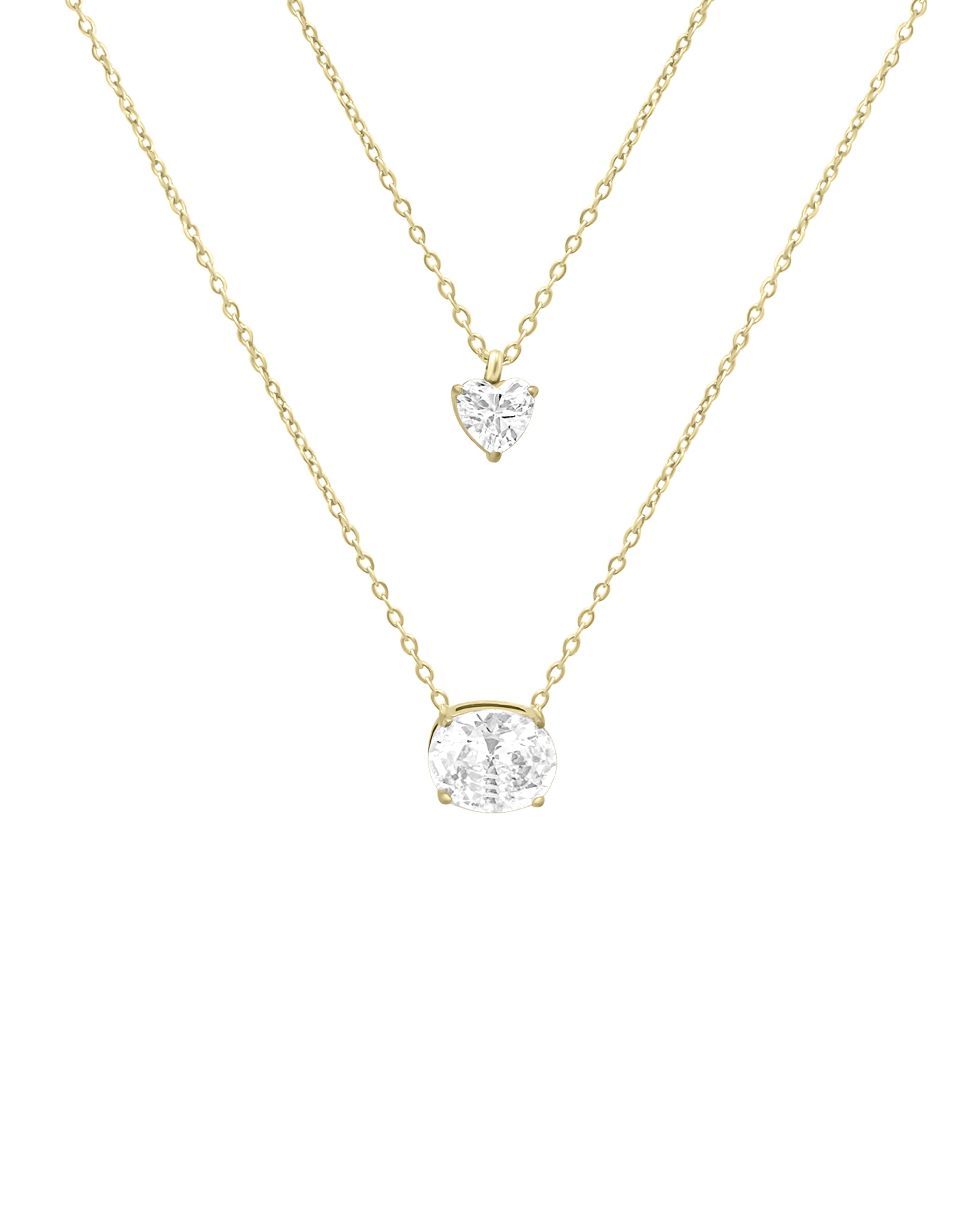 DOUBLE GOLD-PLATED STEEL NECKLACE WITH HEART AND OVAL STONES