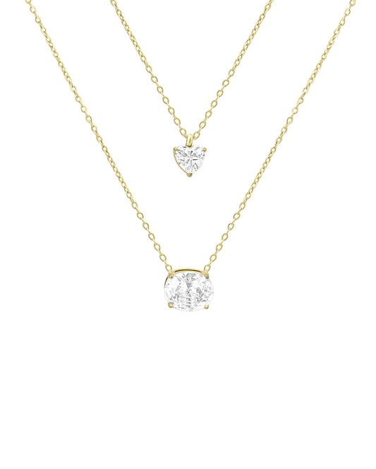 Collier double en acier doré avec pierres coeur et ovale