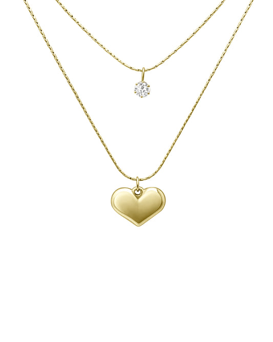 Collier en acier doré double chaîne avec coeur et solitaire