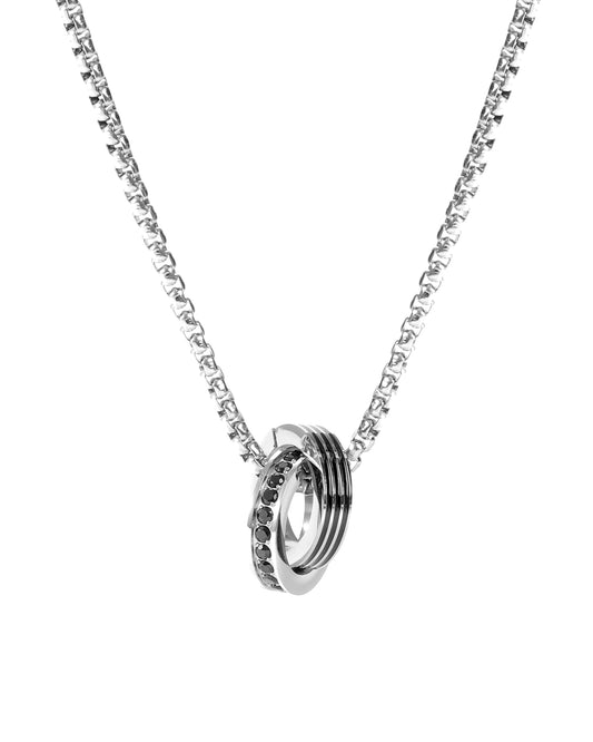 Steel necklace pendant with interlaced rings and onyx rhinestones