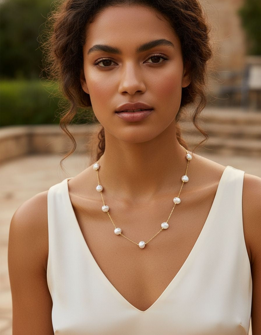 COLLIER EN ACIER DORE AVEC PERLE BAROQUE