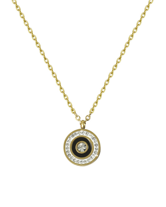 Collier en acier doré rond avec émail noir et strass
