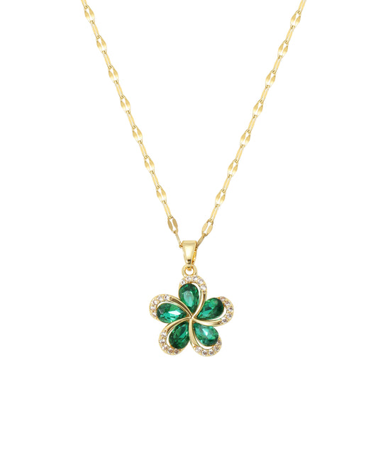 Collier en acier doré pendentif fleur couleur émeraude avec zirconium