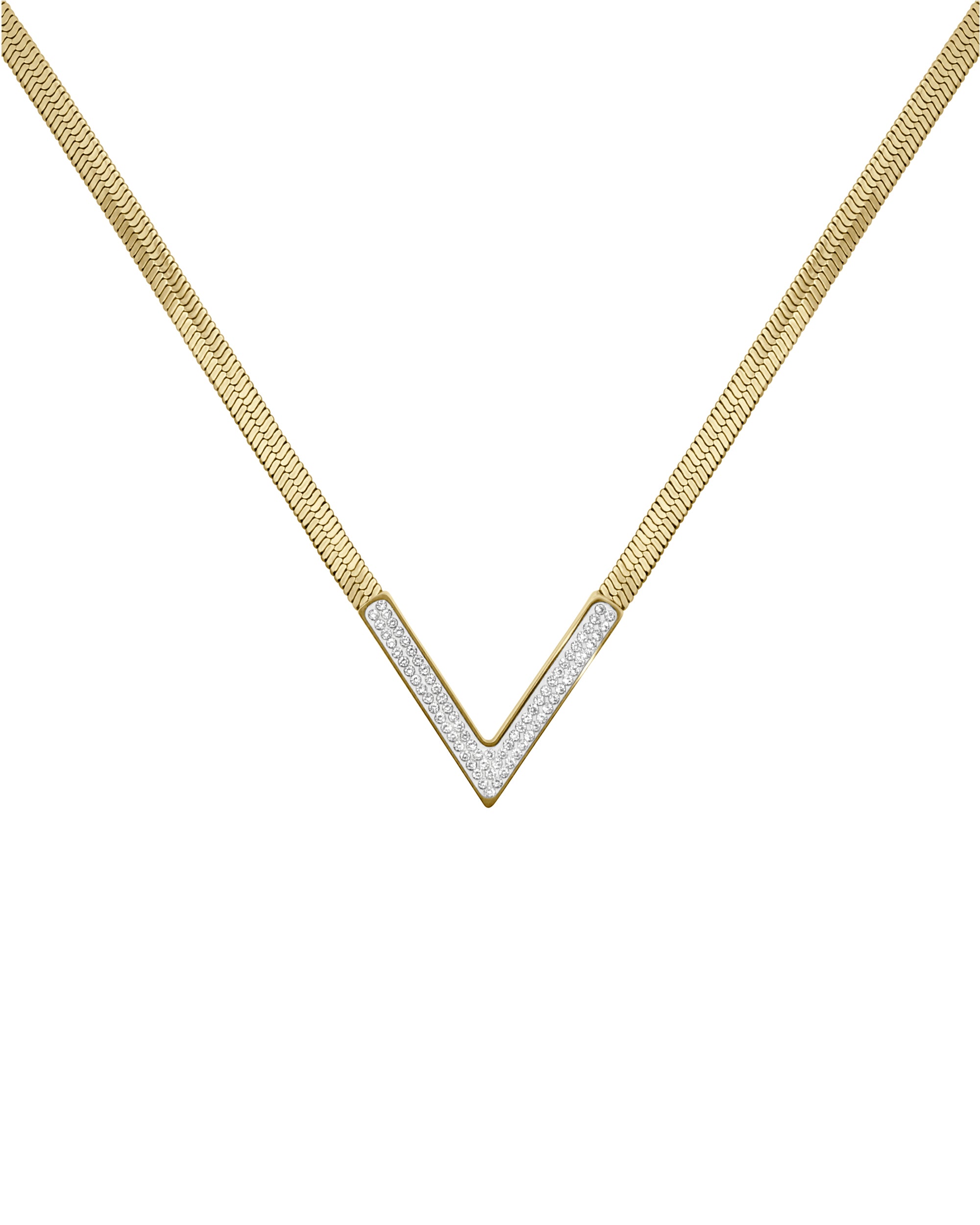 COLLIER EN ACIER DORE MAILLE PLATE MOTIF EN V AVEC STRASS