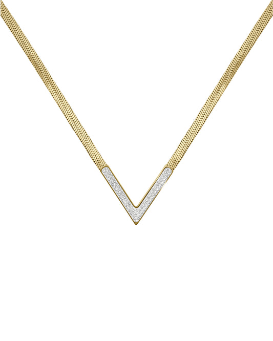 Collier en acier doré maille plate motif en V avec strass