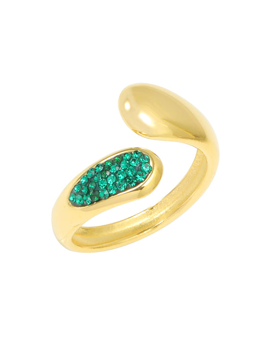 Bague ajustable en acier doré ovale avec strass émeraude
