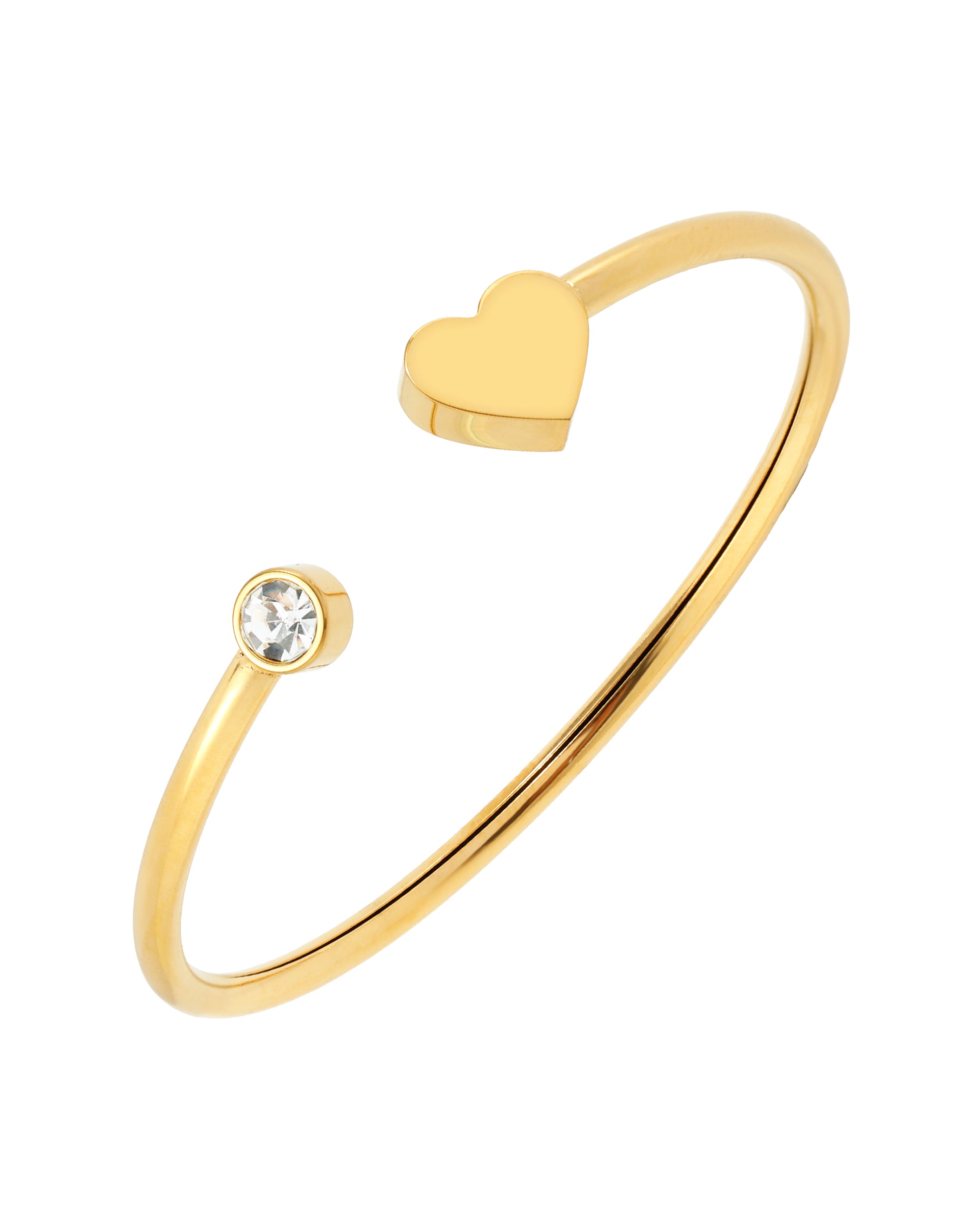 Stijve vergulde stalen armband met hart en strass steentjes