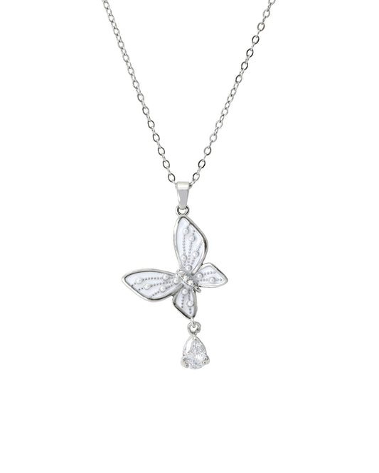 Collier en acier papillon nacre avec mini perles et solitaire