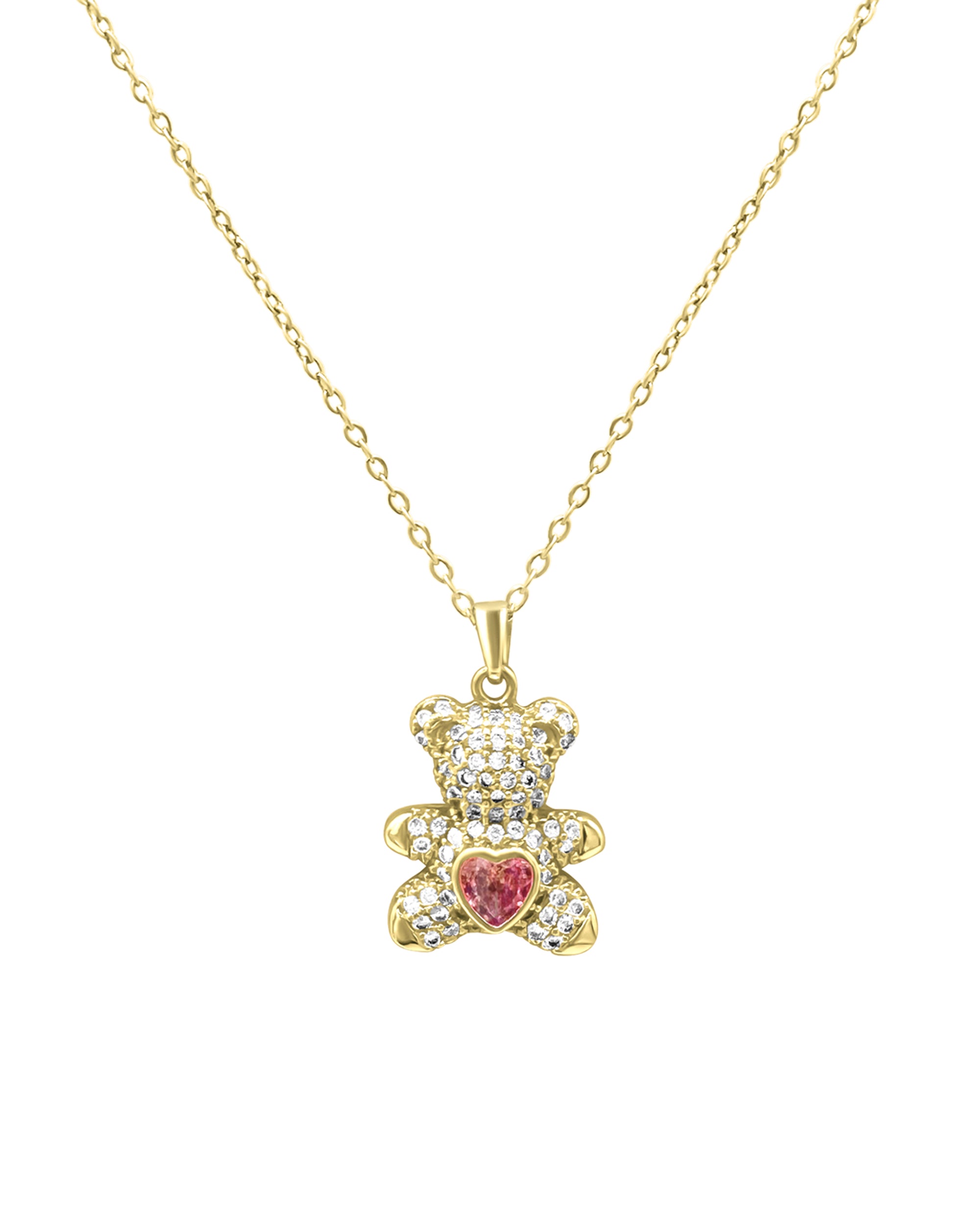 Vergulde teddybeerketting met roze zirkonia in het hart